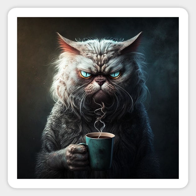 Funny Mean Looking Cat  Drinking Coffee, Coffee Cat Lover Sticker by logiamerch